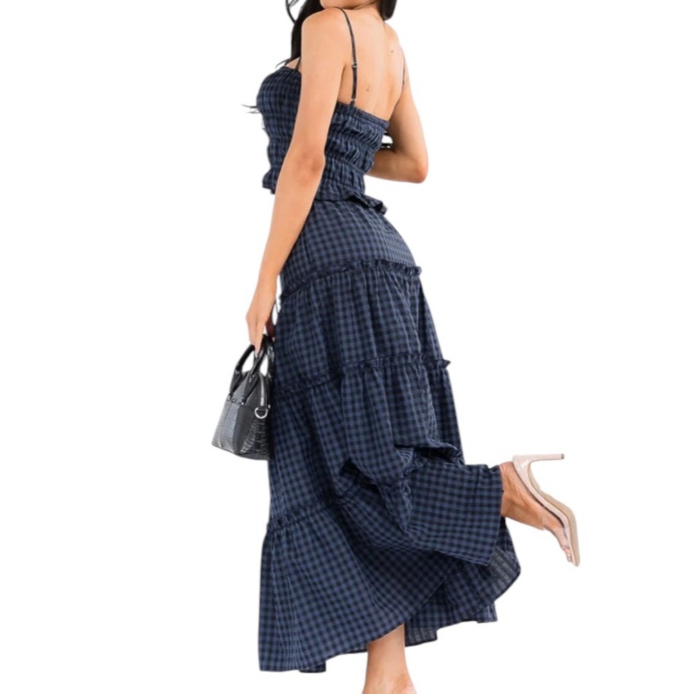 ⚡️⬇️ Gingham Check Plaid Long Midi Skirt SET Smocked Top Blue/Black ⚡️Flash Sale - Picture 2 of 2